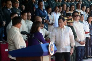 President Rodrigo Duterte greets Vice President Leni Robredo during the graduation rites at the PMA Fort Del Pilar in Baguio City last March 19, 2017. (March 24, 2017) REDJIE MELVIC CAWIS, PIA-CAR.