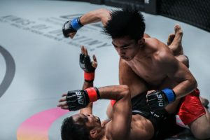 DAMAGE CONTROL. Joshua Pacio carved out a nerve-wracking, hard-fought split decision victory over former champion Dejdamrong Sor Amnuaysirichoke at ONE: WARRIOR KINGDOM last March 11, 2017 inside a jampacked Impact Arena in Bangkok, Thailand to avoid a losing streak and improve his MMA career record to nine wins against a single loss. (March 19, 2017) ARMANDO M. BOLISLIS, photo by ONE Championship.