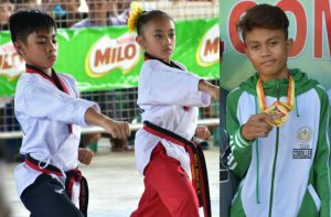 GOLDEN RESULTS. The taekwondo jin tandem of Gabriel Ivan S. Inacay and Khyla Kreanzzel B. Guinto show perfect form en route to gold medals in the Mixed Pair Poomsae – Elementary last April 25 whlie Jeremiah Hipol (displaying his gold in the 400m dash won last April 27 at the Antique Sports Complex) ended a long drought in athletics for CAR. GEORALOY I. PALAO-AY